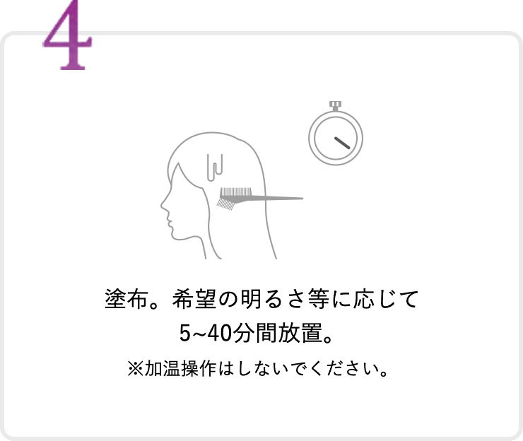 塗布。希望の明るさ等に応じて5~40分間放置。※加温操作はしないでください。